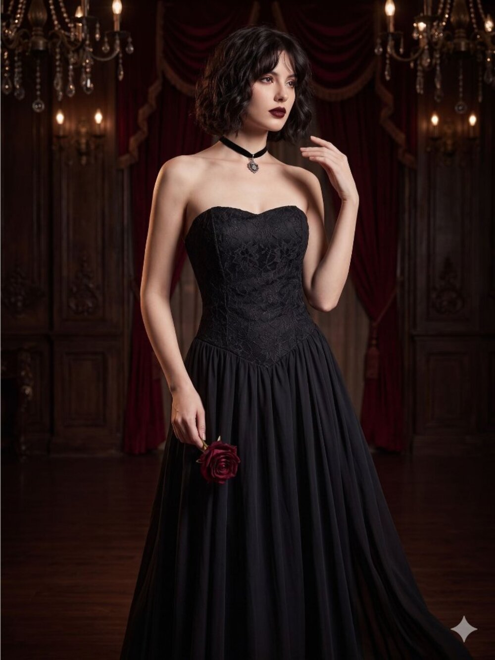 Vintage 90s Black Lace Prom Dress 10 Strapless Goth Whimsigoth Chiffon Maxi Gown
